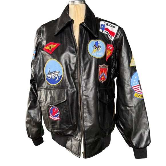 Top Gun Real Leather Black Bomber Jacket W/ Patches Men’s Size Large Coat NWT - Picture 1 of 11